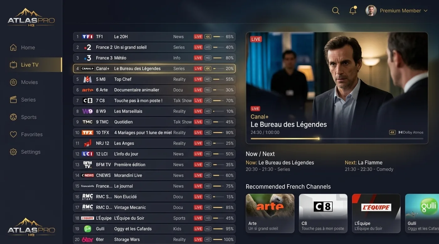 Écran de test Atlas Pro Max affichant le relevé de débit et la qualité d'image mesurée